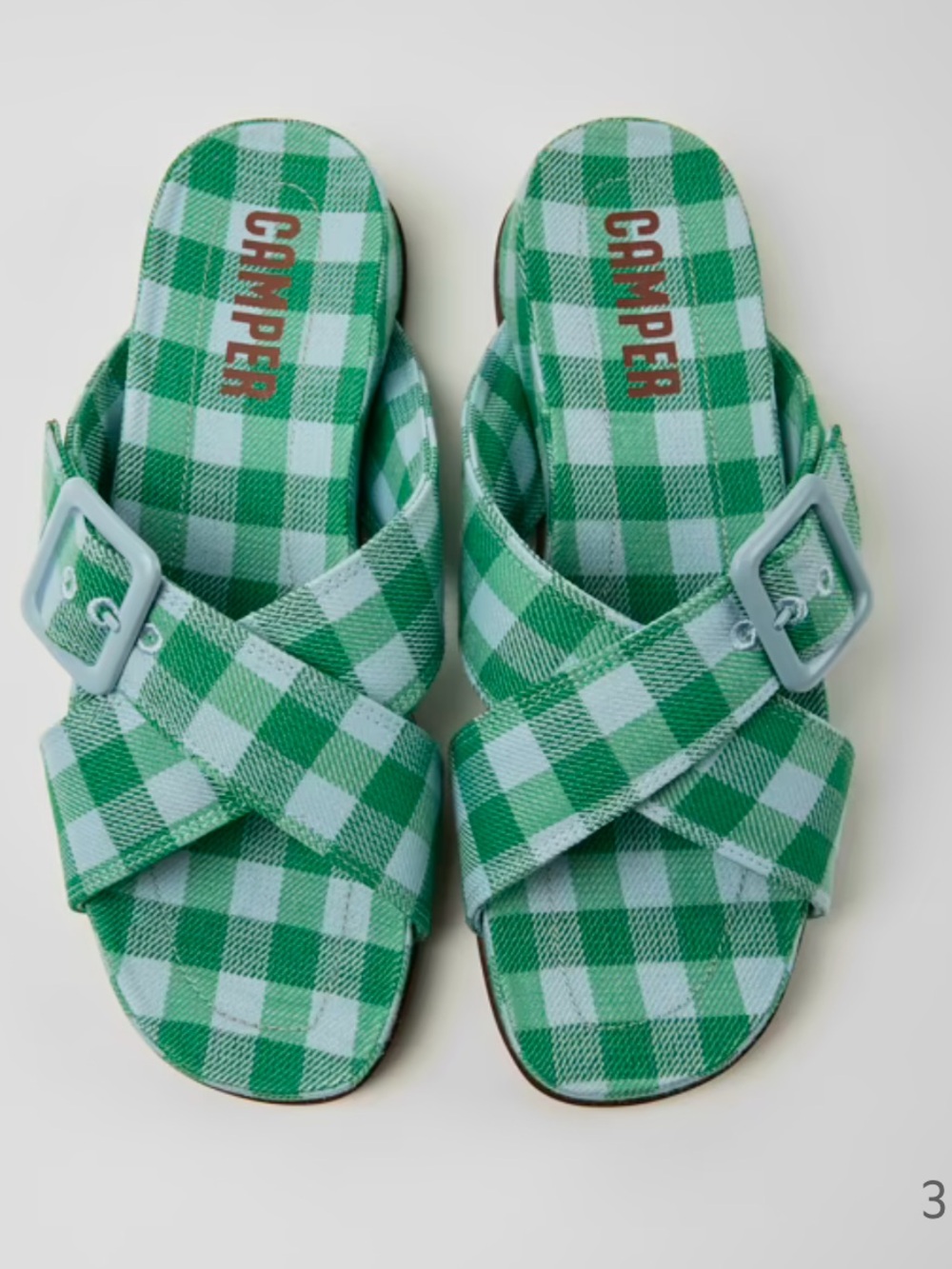 Camper Green and Light Blue Gingham Buckle Slide Sandals NEW‎ 7